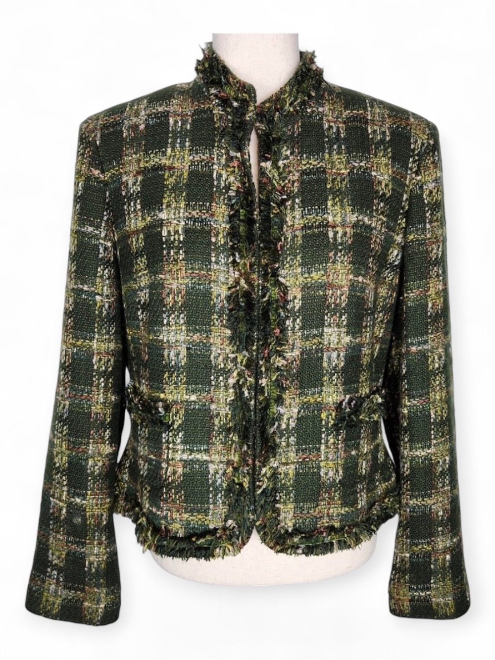 ABS Allen Schwartz Green Metallic Plaid Tweed Fringe Jacket Blazer Size 14 -$495